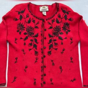 Vtg Tiara Intl Cardigan Womens M Red Goth Beaded Floral Embroidered Knit Sweater